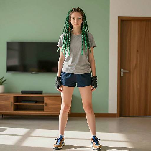 Young Woman with Green Dreadlocks Standing Indoors