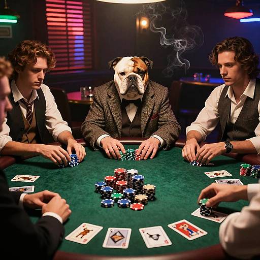Photograph of three men, one a bulldog in a suit, playing poker in a dimly lit casino, with chips and cards on a green