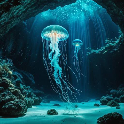 Dreamy Ethereal Jellyfish in Bioluminescent Cave