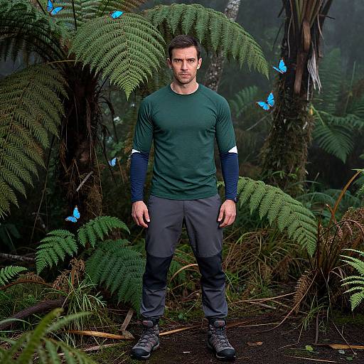 Photograph of a muscular man with short dark hair, wearing a green long-sleeve shirt, grey pants, and black shoes, standing in a