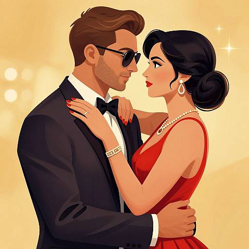 Digital illustration of a stylish couple in a romantic dance pose. The man in a black tuxedo and sunglasses, the woman in a red dress and