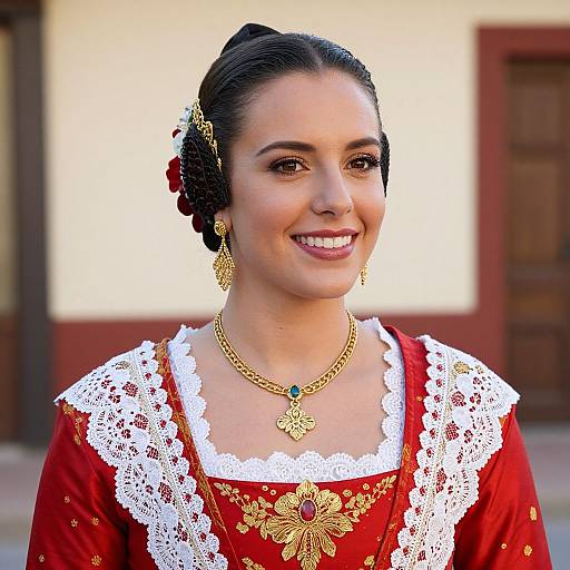 Photograph of a smiling woman with dark hair in an updo, wearing a red lace-trimmed dress, gold jewelry, and a green pendant