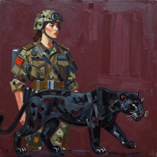Abstract Oil Painting of Army Woman and Black Panther