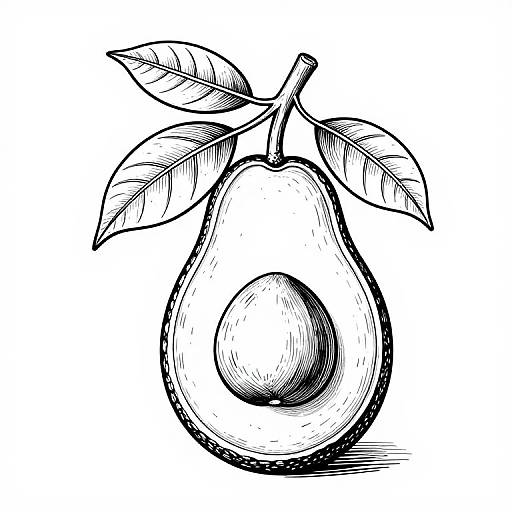 Black and white sketch of a pear with a large central pit, attached leaves, and a textured stem on white background.