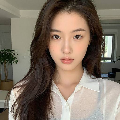 Photograph of an Asian woman with long, dark hair, wearing a white, slightly sheer button-up shirt, standing in a sunlit, modern living