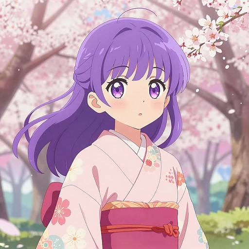 Anime-style digital drawing of a purple-haired girl in a white floral kimono with a red obi, standing under blooming cherry trees.