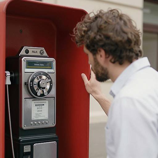 Man at Red Payphone with Reflection