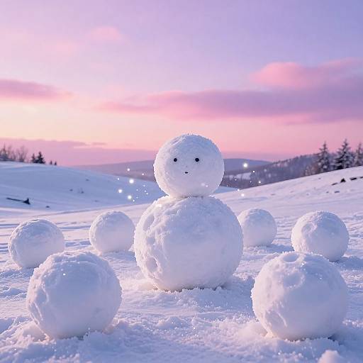 Photograph of a snowman with six snowballs in a snowy landscape at sunset, featuring a purple and pink sky.