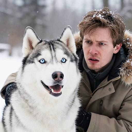 Concerned Man with Siberian Husky in Snow