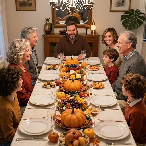 Photograph of a happy, multi-generational family gathered around a Thanksgiving table adorned with pumpkins, autumn fruits, and candles. Bearded man