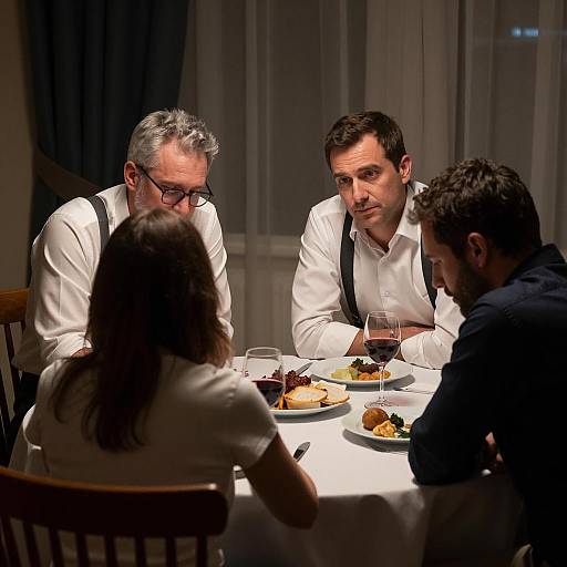 Four Adults Dining in Dimly Lit Room
