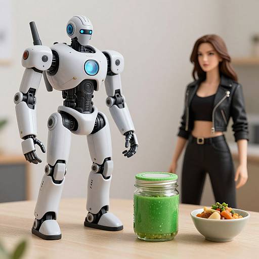 Photograph of a white robotic figure with blue lights, standing beside a brunette woman in a black jacket, next to a green smoothie jar and bowl
