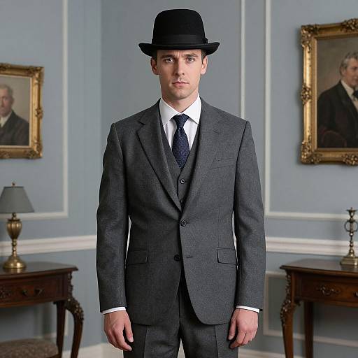 Photograph of a young Caucasian man in a dark gray suit, white shirt, black tie, and black bowler hat, standing in a vintage,