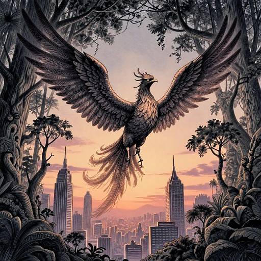 Digital illustration of a majestic, dark-feathered phoenix with outstretched wings soaring above a futuristic cityscape at sunset, framed by dense, twisted