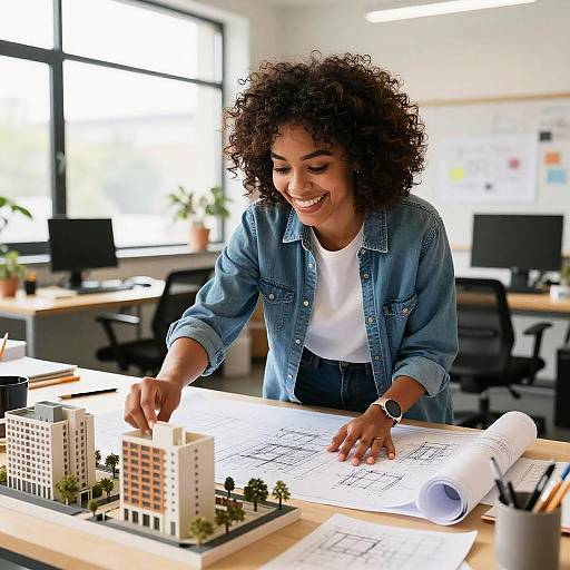 Photograph of a smiling, curly-haired woman in a denim shirt, pointing at a detailed cityscape model on a desk with blueprints, in a