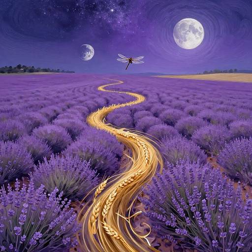 Digital artwork of a glowing, winding path through vibrant purple lavender fields under a starry night sky with full moon and crescent moons, and a dragon