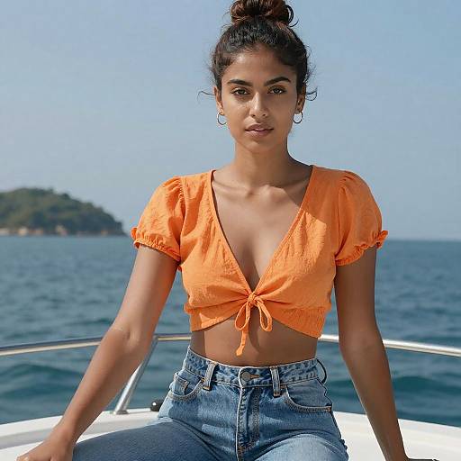 Photograph of a young woman with dark hair in a bun, wearing an orange tied-front crop top and high-waisted jeans, sitting on a