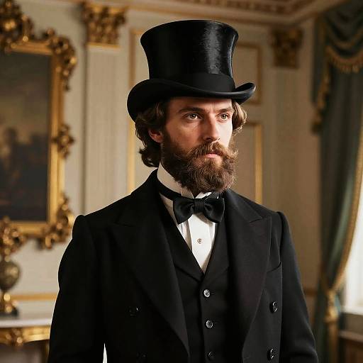 Photograph of a serious, bearded man with brown hair, wearing a black top hat, black bow tie, and double-breasted suit, in