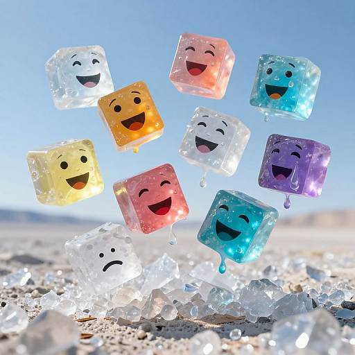 Photograph of colorful, translucent ice cubes with smiling faces, floating mid-air on a sandy surface under a clear blue sky.