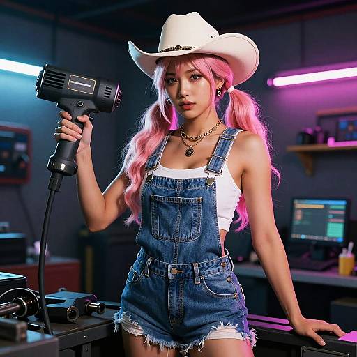 Digital artwork of a pink-haired woman in a white cowboy hat, denim overalls, and white tank top, holding a handheld drill in a neon-l