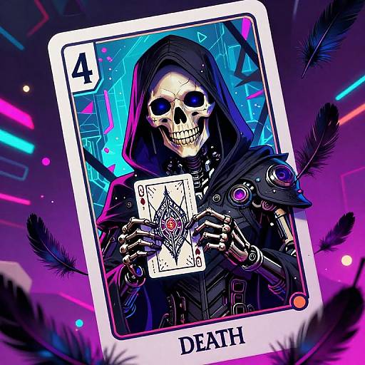 Digital art of a grinning skeletal figure in dark hooded cloak, holding 