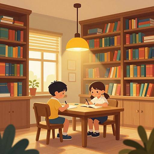 Digital illustration of a sunny library room with two children, one boy in a yellow shirt and one girl in a white shirt, sitting at a wooden table
