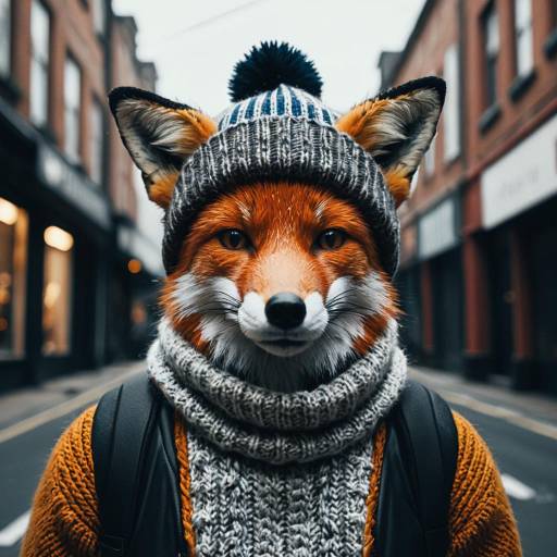 Fox in Knitted Beanie and Scarf