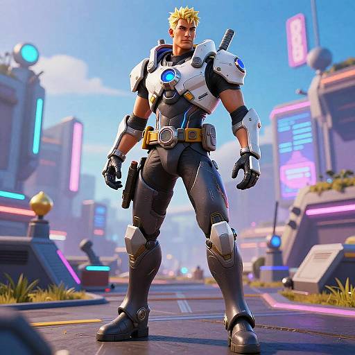 Digital artwork of a muscular, blonde, blue-eyed man in futuristic, white-and-black armor with glowing blue accents, standing confidently in a neon-lit