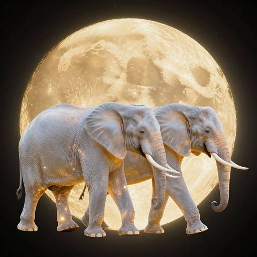 Photograph of two gray elephants with large, curved tusks standing side-by-side against a glowing full moon, black background.