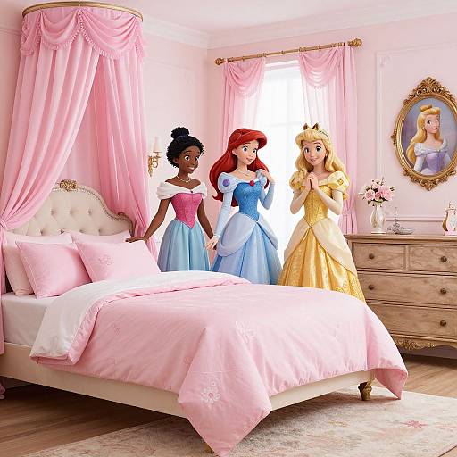 Digital illustration of three Disney princesses in pastel-colored gowns, standing in a pink, Victorian-style bedroom with a canopy bed and framed portrait.