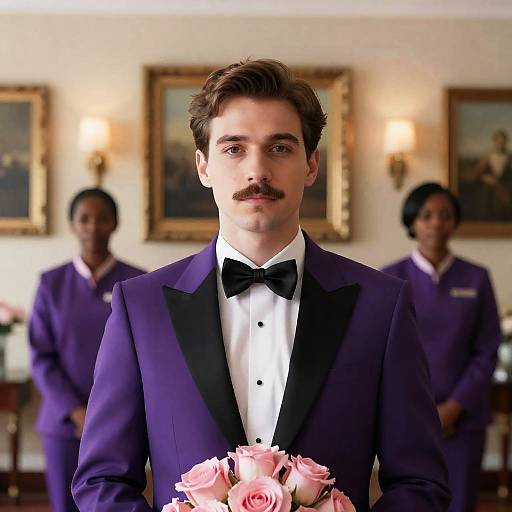 Elegant Man in Purple Tuxedo Setting