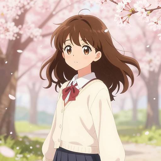 Anime-style digital drawing of a brown-haired girl in a white school uniform with a red bow, standing under cherry blossoms.