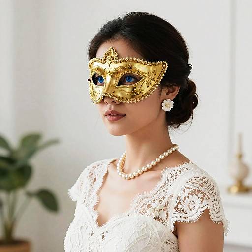 Elegant Asian Woman in Gold Masquerade Mask