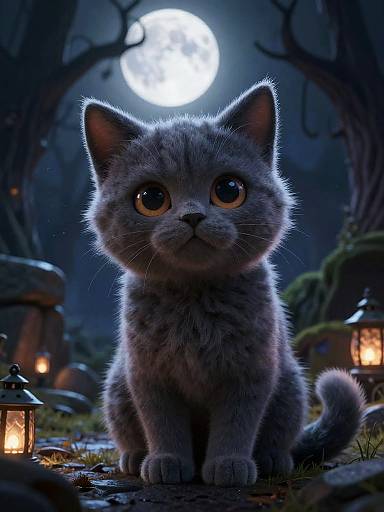 Digital artwork of a cute, fluffy gray kitten with wide, glowing eyes sitting in a moonlit, mystical forest, surrounded by glowing lanterns.