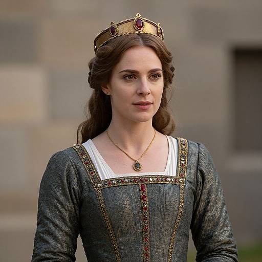 Photograph of a young woman with brown hair, wearing a gold crown with red gems, a dark blue medieval dress with gold trim, and a white