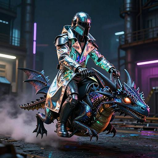 CGI image of a neon-lit, armored warrior riding a glowing, multicolored dragon through a misty, futuristic city street at night.