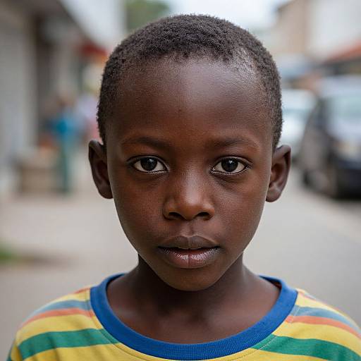 Photograph of a young African boy with dark skin, short curly hair, and large, expressive eyes, wearing a yellow-green striped shirt, standing in