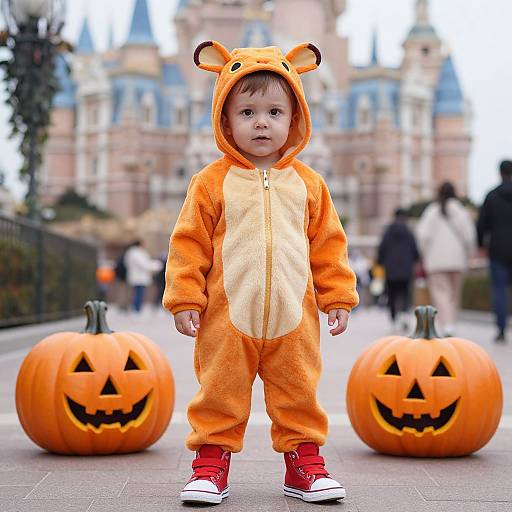 Photograph of a cute toddler in an orange bear onesie with ears, red sneakers, standing between two carved pumpkins, in front of a blurred