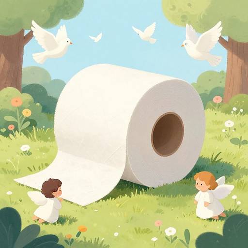 Whimsical digital drawing: two angelic children with white wings and robes stand by a giant roll of white paper in a sunny meadow with colorful
