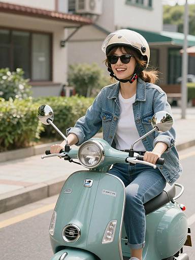 Laughing Woman on Teal Vintage Scooter
