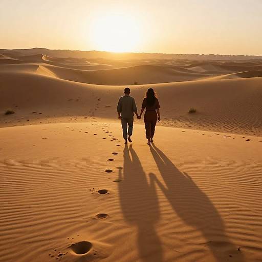 Silhouetted couple holding hands walks through golden desert sand dunes at sunset, casting long shadows, with footprints trailing behind.