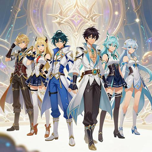 Digital anime artwork of six fantasy characters in elaborate, colorful outfits, standing against a glowing, circular, mystical background.