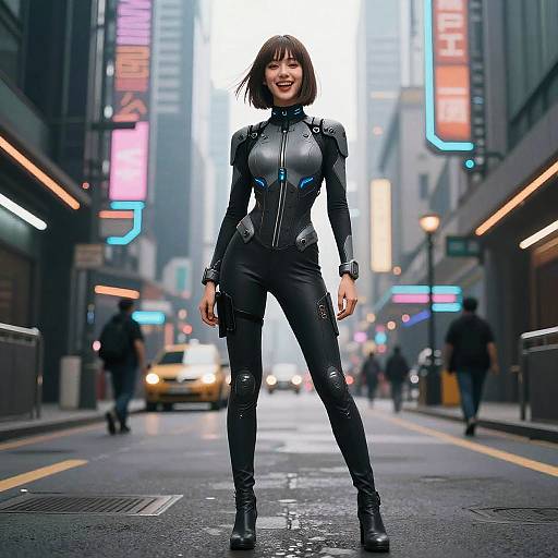 Photorealistic CGI of a confident woman in a black, form-fitting, armored suit standing in a neon-lit, bustling city street.