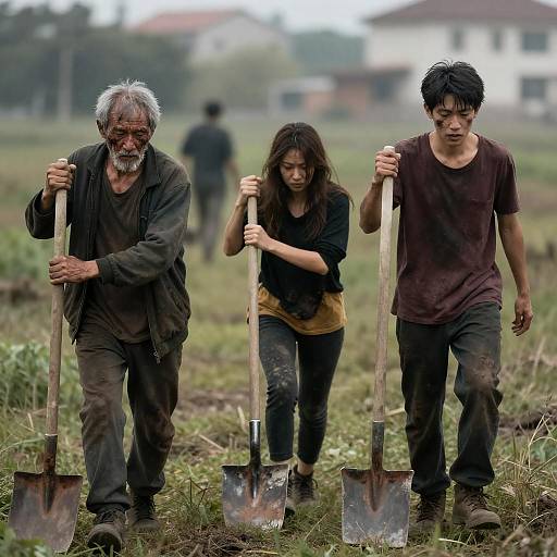 Grimy Trio Running with Shovels