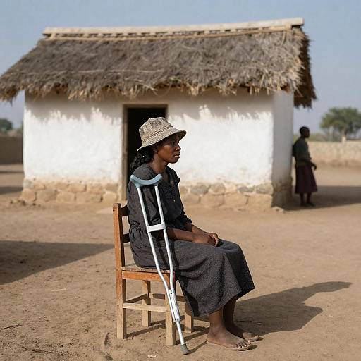Woman Sitting Outside Rural Hut with Crutches