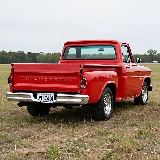 Photograph of a vibrant red vintage pickup truck with 