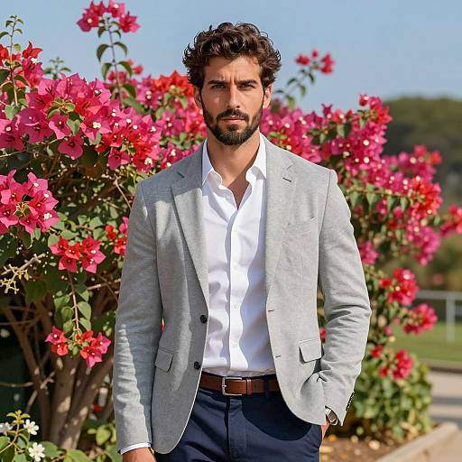 Handsome Man in Gray Blazer with Pink Bougainvillea
