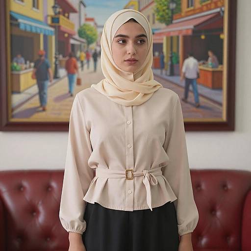 Young Woman in Hijab by Red Couch