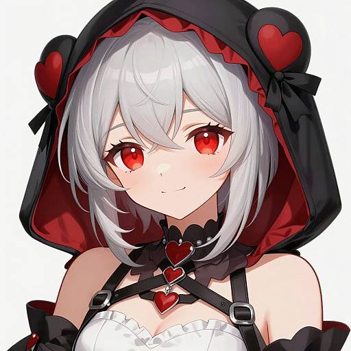 Anime-style digital drawing of a cute girl with white hair, red eyes, black hood with red heart accents, and a white frilled top.