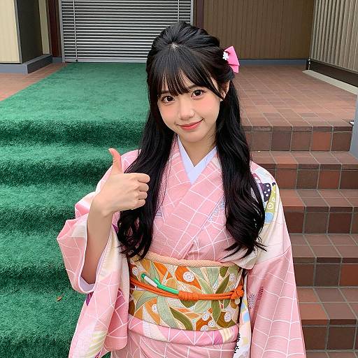 Smiling Asian Woman in Kimono Outdoors